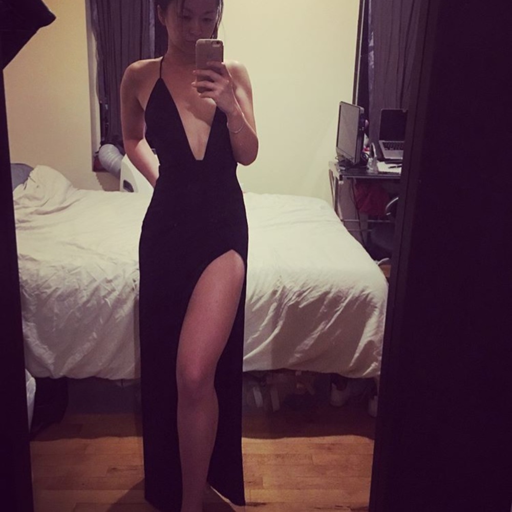 Sexy plunge lowback black dress with leg slit